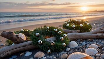 Pine Wreath with Bells on Beach at Sunset Festive Holiday Decor photo