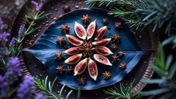 Arrangement of Cut Figs with Star Anise on Plate with Herbs photo