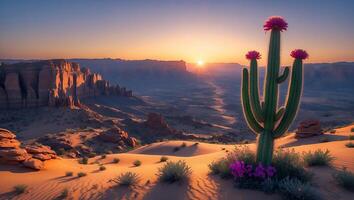 Flowering Cactus Stands Tall at Desert Sunset with Mountain Backdrop photo