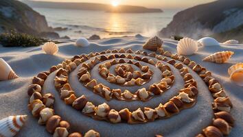 Spiral Pattern Made of Sea Shells on Beach at Sunset photo