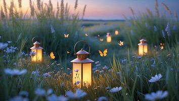 Illuminated Lanterns in Meadow at Dusk with Butterflies Flying Around photo