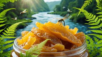 Dried Fruit and Dragonfly Against Lush River Valley Landscape photo