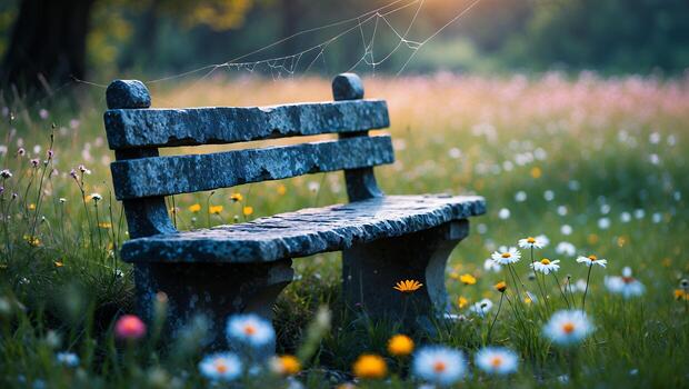 Bench in Meadow with Wildflowers and Spiderweb in Sunlight photo