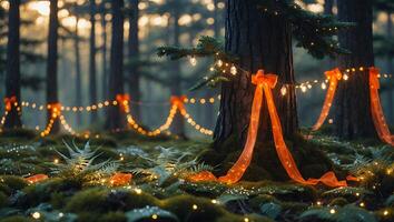Decorating Forest Trees with Orange Ribbon and String Lights Holiday Magic photo