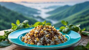 Rice and Meat Dish Topped with Pine Nuts with Mountain Backdrop photo