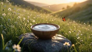 Bowl of Cream on Stone in Wildflower Meadow at Sunset photo