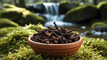 Cloves in Bowl Sits in Moss Near Stream for Flavoring photo