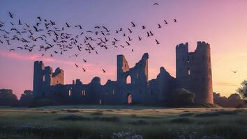 Ancient Castle Ruins Silhouette with Birds Flying at Sunset photo