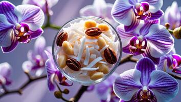 Arrangement of Nuts and Coconut Flakes in a Bowl Near Orchids photo