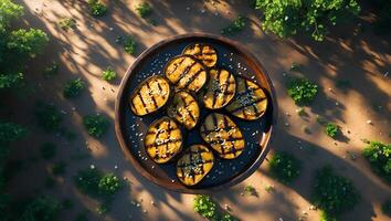 Grilled Eggplant Slices Topped with Sesame Seeds on Rustic Plate Outdoors photo
