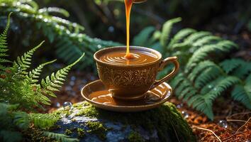 Pouring Liquid Into Elegant Cup with Ferns and Mossy Rock photo