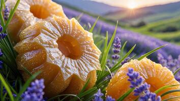 Donut in a Lavender Field at Sunset Peaceful Pastry Scene photo