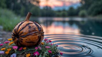 Gourd and Flowers Beside a Calm Lake at Sunset Reflecting Sky photo