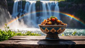 Stewed Food Bowl Overlooking Majestic Waterfalls with a Rainbow Backdrop photo