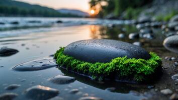 River Stone with Moss at Sunset Serene Water Landscape photo