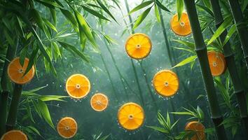 Floating Orange Slices Among Bamboo Forest with Water Droplets Shine photo