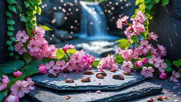 Pink Blossoms Framing Waterfall with Stones on Slate Pedestal photo