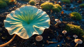 Lotus Leaf and Mushroom Gathering in Natural Outdoor Ground photo