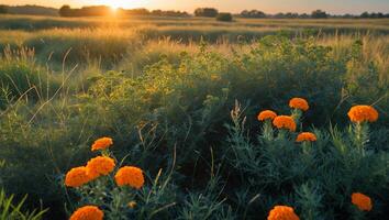 Orange Flowers Bloom in Field at Sunrise with Golden Light photo