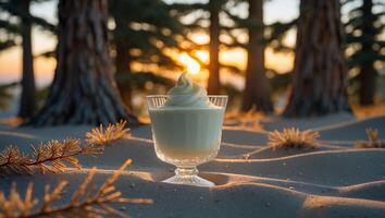 Dessert Glass Placed on Sandy Ground with Sunset Through Trees photo