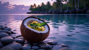 Coconut Bowl with Fruit Pulp by Ocean at Tropical Island Sunset photo