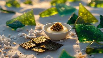 Dipping Cream with Topping and Black Cracker Snack on Sand photo