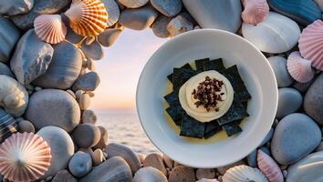 Dish with Seaweed and Sauce on Beach with Shells and Rocks photo