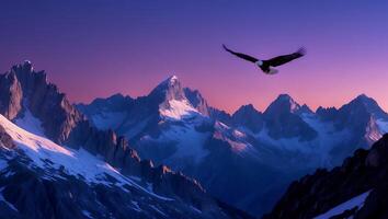 Eagle Flying Over Snowy Mountain Peaks at Dusk with Pink Sky photo
