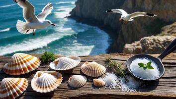Seashells and Salt Crystals by the Ocean with Flying Birds photo
