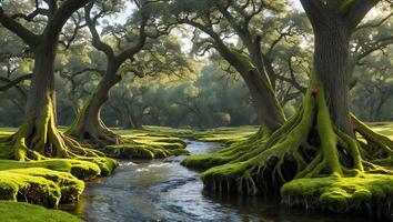 Flowing Stream Through Mossy Forest Landscape with Large Rooted Trees photo