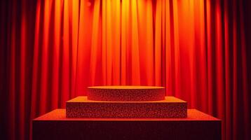 Stylish podium illuminated by warm, red lighting against a draped backdrop. photo