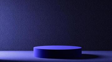 A minimalist, dark blue cylinder platform with shadowy lighting. photo