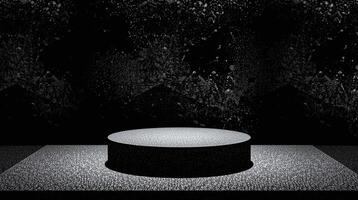 Circular pedestal with illuminated surface against a dark, textured backdrop. photo