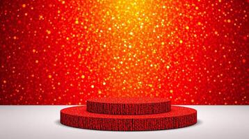 A striking red podium against a vibrant, glittering backdrop. photo