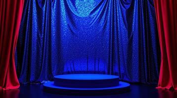 A theatrical stage, draped in shimmering blue fabric, awaits its performance. photo
