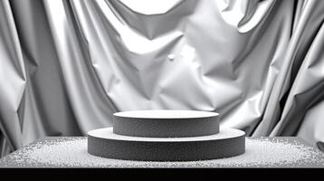 The image showcases a staged display featuring a textured black pedestal with a white top, set against a crinkled gray backdrop adorned with fallen white specks. photo