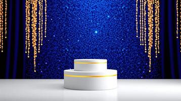 The image is a striking visual of a white cylinder structure in front of a vibrant blue backdrop adorned with golden strings. photo