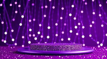 A glittering platform adorned with sparkling lights against a vivid purple backdrop. photo