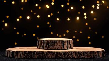 The image depicts a wooden platform with a starry light backdrop, evoking a serene, ambient atmosphere. photo