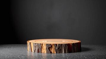 The image showcases a rustic wooden log, exuding natural elegance against a stark, dark background. photo