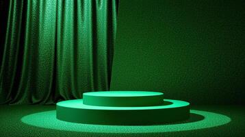 A green stage with a circular podium illuminated in the same hue. photo