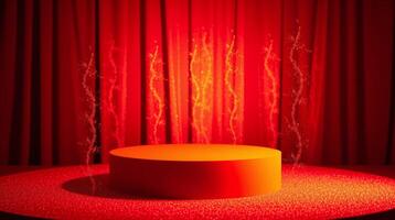 A radiant stage with a mesmerizing aura of light and shadow, illuminated by golden particles. photo