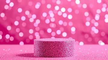 A cylindrical base on a glittering pink surface, with a bokeh effect in the background. photo
