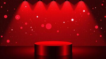 An elegant red pedestal illuminated by radiant lights. photo