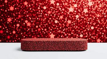 An oval platform adorned with shimmering red particles against a vibrant red starry backdrop. photo