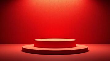 The image depicts a minimalist, circular podium set against an all-red background, illuminated by a single source of light. photo