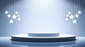 A minimalist pedestal in white, illuminated by a soft light against a textured blue backdrop adorned with hanging stars. photo