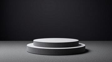 The image depicts two stacked cylindrical platforms with intricate patterns on the bottom platform against a black background. photo