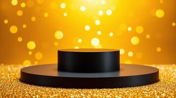 The image features an elegant black pedestal set against a sparkling golden background, exuding a sense of sophistication and glamour. photo