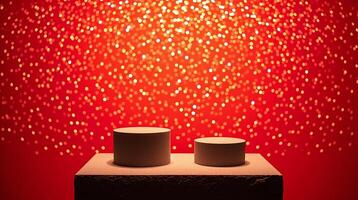 A stark, minimalist display of two cylindrical objects against an enchanting, twinkling backdrop. photo